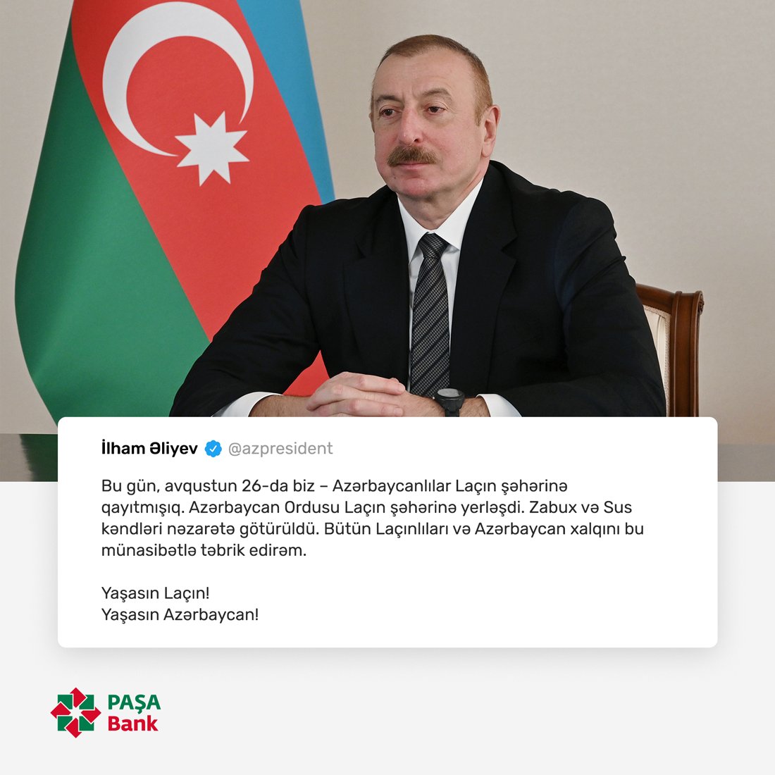 PASHABank's tweet image. Azərbaycan xalqının qürur hissi ilə qeyd edəcəyi bir tarixi daha var. Bu gün biz Laçına qayıtdıq!

#LaçınBizimdir #QarabağAzərbaycandır #KarabakhisAzerbaijan