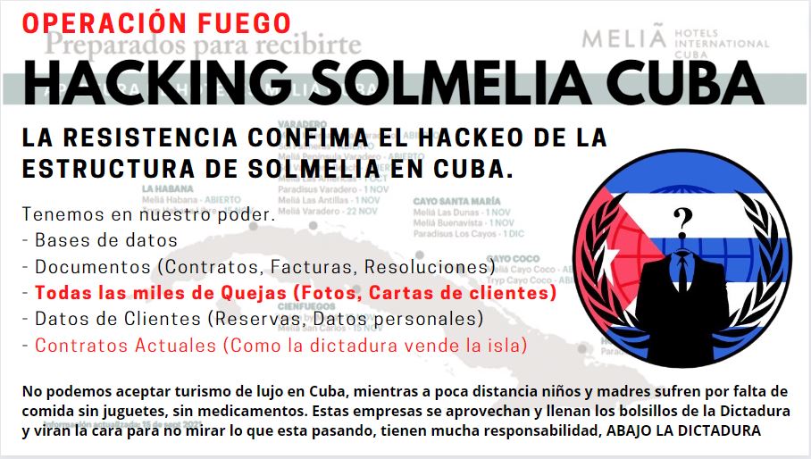 LARESISTENCIAC2's tweet photo. Hola Cubanos, para los que despiertan temprano, esperamos darles un buen amanecer. 
🚨La Resistencia Cubana, confirma el Hacking a la Red de SOLMELIA CUBA.🚨 ABAJO LA DICTADURA #SOSCUBA  #Cuba #CiberCuba #CubaEsUnaDictadura #CubaEstadoFallido #CubaPaLaCalle https://t.co/tOT64DwDyn