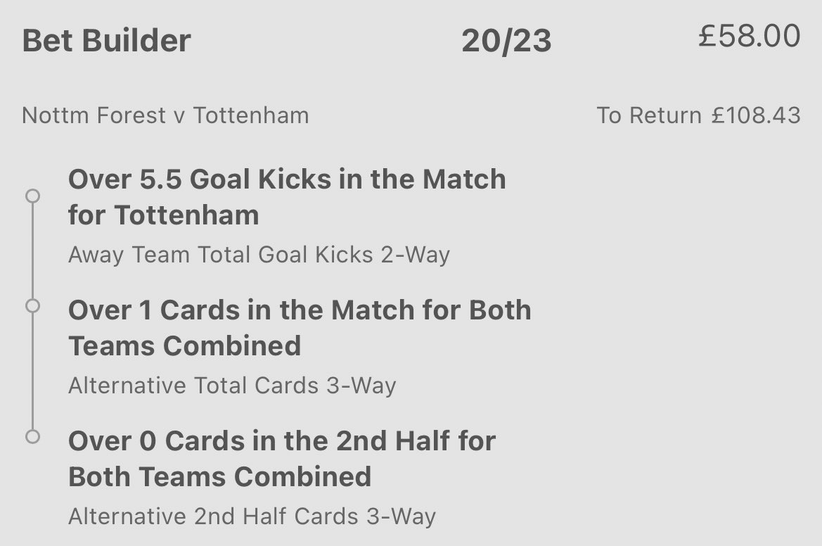 KRbets_'s tweet photo. BetBuilder with 365📱 for #NFFC v #THFC

-#THFC conceding 8.3 GKs pg on avg across first 3 PL games.
-#THFC conceded O5.5 GKs in 3/3 PL games (6, 11, 8).
-#NFFC forcing 5.3 GKs pg on avg for opp.
-Pawson in charge &amp; avg’d 4.15 cards pg 21/22. Already handed out 5 &amp; 3 cards 22/23. https://t.co/dtTNTKXUU3
