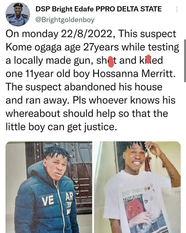 EveafriqueNews's tweet photo. Delta state police has declared one kome Ogaga 27years  wanted for shooting 11 year old boy dead on monday while testing a gun in Delta.

#DeltaState #policecommand #wanted #Eveafriquenews #Eveafriquelifestyle #Southerntimes #onlinenewsinportharcourt https://t.co/dEPu3tzp18