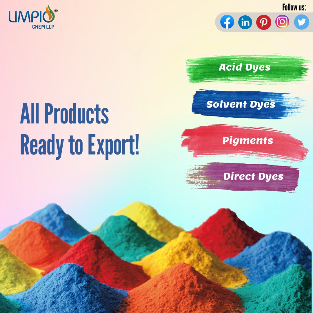 Limpiochem's tweet photo. All Products Ready to export
-
• Acid Dyes
• Solvent Dyes
• Pigments 
• Direct Dyes

#aahar #limpio #limpioaahar #BaldhaExport #indianglossary #pharma #chemical #IT #veterinary #feed #aciddyes #pigments #solventdyes #directdyes #colors #readytoexport #wool #silk #mudchemical https://t.co/tS13DQH0Iw