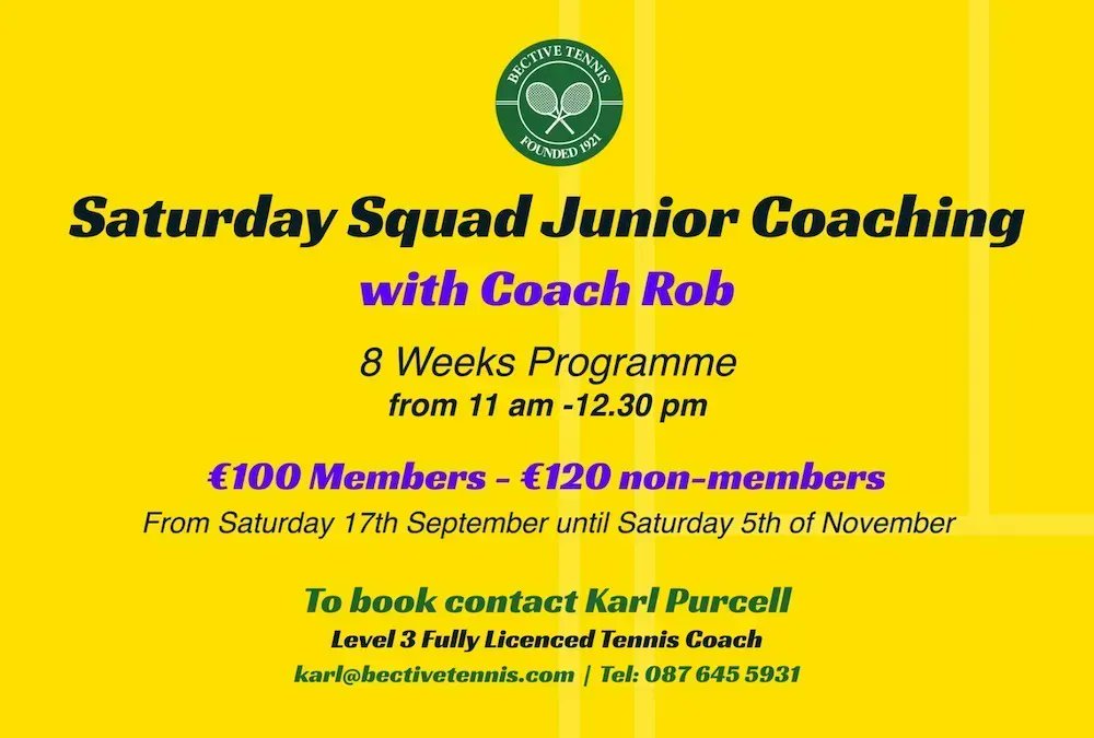 BectiveTennis's tweet photo. Saturday Squads for juniors is back this September with Rob. Sign up today!
#Bective101 #BectiveJuniors #HitTheCourts https://t.co/TWKNo2TIMz