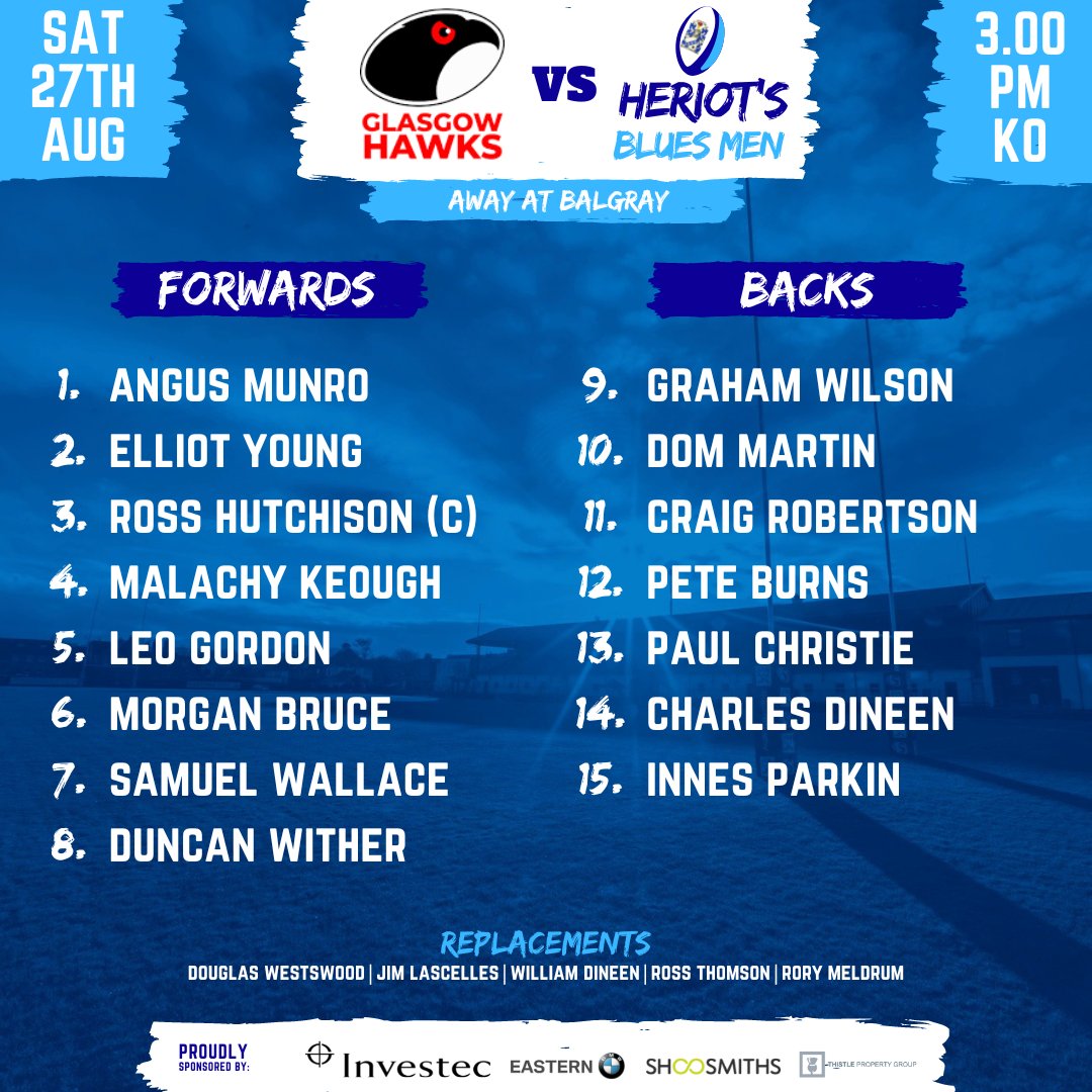 HeriotsRugby's tweet photo. 🚨TEAM ANNOUNCEMENT🚨
Heriot's Blues Men travel to Balgray to meet @GlasgowHawks1

🏉 @GlasgowHawks1 v Heriot's Blues Men
🗓 Sat 27th August 2022
🏟 Balgray
⏱3pm

Read More: https://t.co/6u96Ti9ueU https://t.co/ep5ntDyWoO