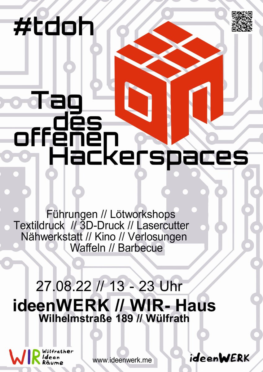 Morgen in #Wülfrath: Tag des offenen Hackerspace. Kommt rum! 
#hacking #3dprinting #laser