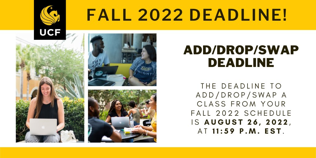 ‼️ Fall 2022 Add/Drop/Swap Deadline ‼️⠀
Friday, August 26, 2022, at 11:59 p.m. EST⠀
More info ➡️ calendar.ucf.edu