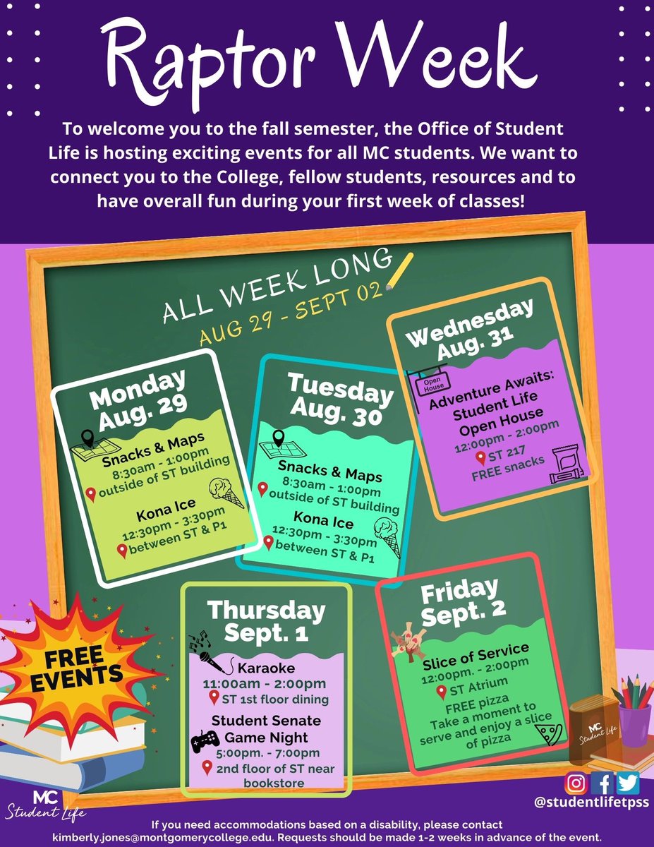 Studentlifetpss's tweet photo. 🚨 RAPTOR WEEK 🚨
🔶 Join the Takoma Park Silver Spring Office of Student Life for Raptor Week! We have planned a week full of fun events to welcome all MC students. This is a great opportunity to connect you to the college, fellow students, and resources.
#Raptorweek https://t.co/o1qYNXgCcN