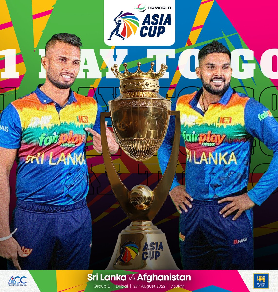 OfficialSLC's tweet photo. The Countdown has begun!⏳ 

Just 24 hours left for the #AsiaCup2022 curtain raiser! 🤩

🇱🇰 ⚔️ 🇦🇫 | August 27th | 07:30PM (SLST)

#RoaringForGlory https://t.co/LfdcvAwrv1