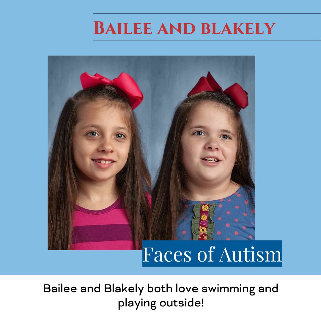 AutismSupportAL's tweet photo. Meet twin sisters Bailee and Blakely, they are 9 years old and both on the spectrum. Baliee loves her iPad and Play-Doh while Blakely has a soft spot for mac and cheese!  Swipe left to see some advice from their mom, Amanda. #FacesFriday #AutismSupportAL #autismmatters https://t.co/V5PpCBqjAp