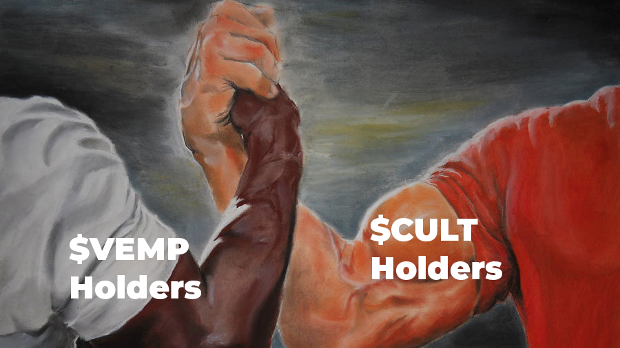 VEMPHorizon's tweet photo. With just under 3 days left, the proposal for @wearecultdao to purchase $VEMP submitted by Guardian @iamcomingundone is so far passing with 100% approval! 🤡

#talkaboutcult 🎭 $CULT X $VEMP🤝 https://t.co/pn3tHCDJUa