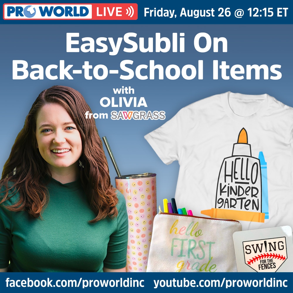 proworldinc's tweet image. Our special guest Olivia from Sawgrass will demonstrate how to use EasySubli printable vinyl to make awesome and fun Back-To-School items so you can head to class in style. See you live at 12:15 EST on Facebook &amp;amp; Youtube.⁠
•⁠
youtu.be/DXInfn8rxII
•
#proworldinc #easysubli