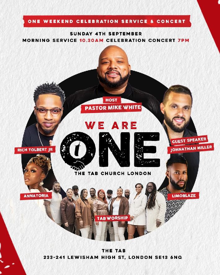 MikeWhiteLondon's tweet photo. The ONE WEEKEND @tablondon!  Sunday 4th Morning Celebration &amp; FREE ticketed evening concert. Come and celebrate with us!🙌🏽

[*to register for your FREE ticket cliick link below]

https://t.co/32vprYEiY5

#Onechurch
#Onefamily 
#Oneweekend https://t.co/WzbD3ITMp9