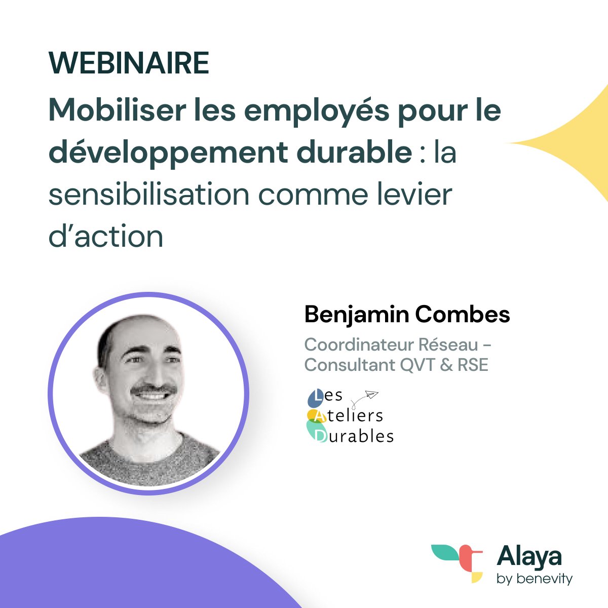 Alayagood's tweet photo. Benjamin Combes nous fait l'honneur d'intervenir pour notre prochain webinaire du 7 septembre. Consultant en RSE pendant plusieurs années, il a créé Les Ateliers durables en 2012. 🌱

Si vous n'êtes pas encore inscrits, c'est le moment 👉🏾 https://t.co/tGsiYTaFLH https://t.co/hOZ4IVrllI