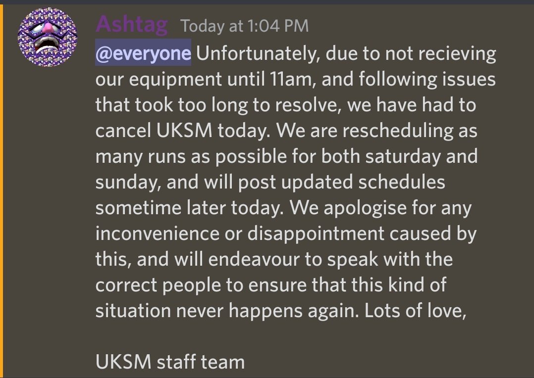 UKSMLIVE's tweet photo. Due to circumstances beyond our control we have been forced to cancel UKSM today. 

We'll be back tomorrow! https://t.co/BEaP35YdCg