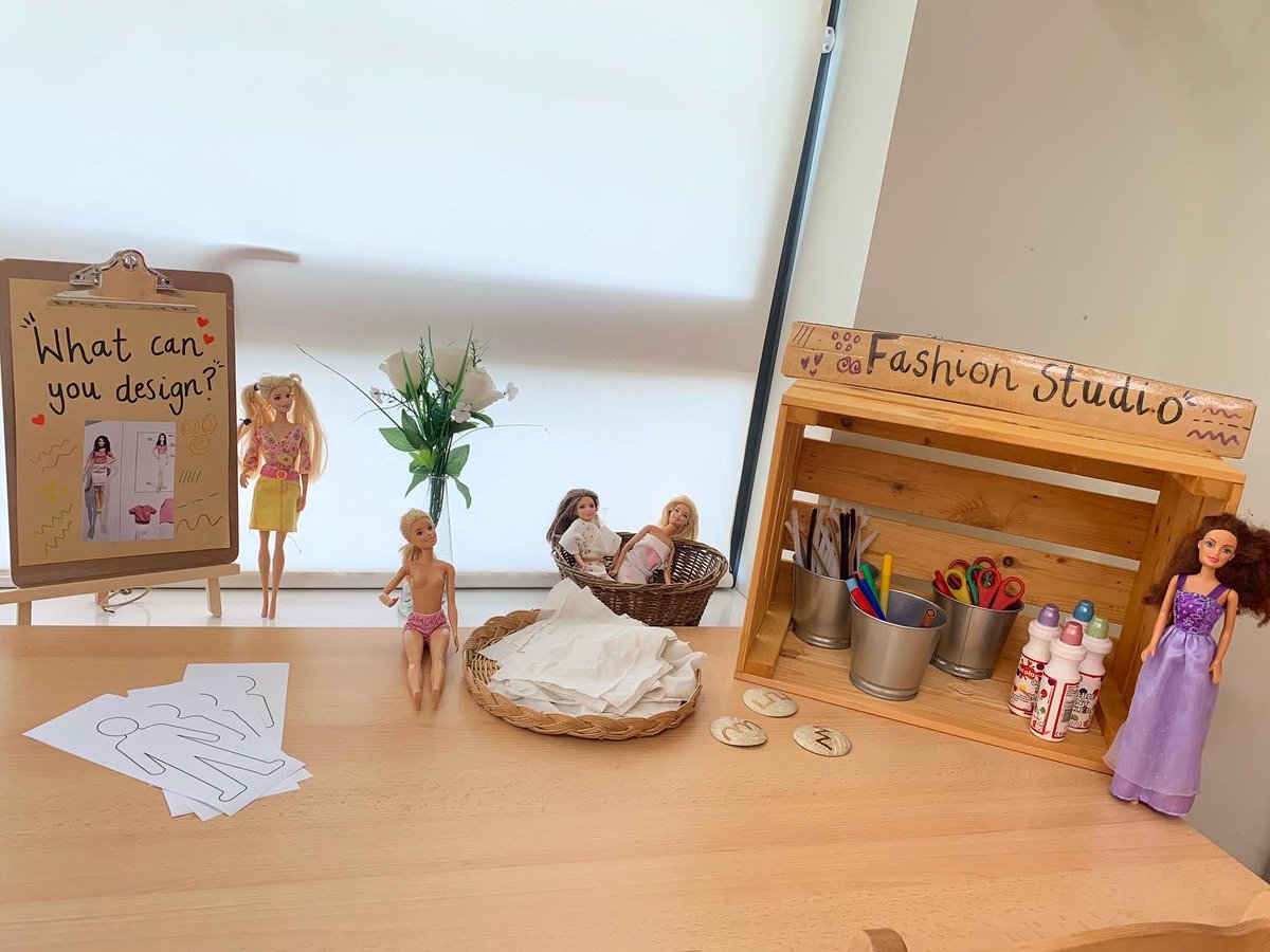 Fashion Studio set up to encourage mark making &amp; independence✏️ This activity is a great way to observe the children’s fine motor skills, pencil grip and colour recognition. Need to add some superheroes or ‘Ken’ dolls… 🤍🌟 #eyfs #cosyclubideas #markmaking #finemotorskills