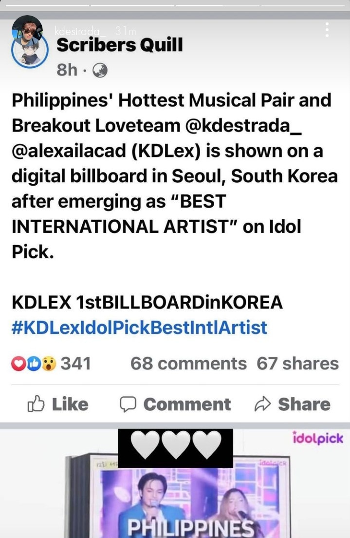 scribersquill's tweet photo. KD's IG Story 😳

KDLEX 1stBILLBOARDinKOREA
#KDLexIdolPickBestIntlArtist 
@alexailacad @kdestrada_ | #KDLex https://t.co/d1tgFIFctX