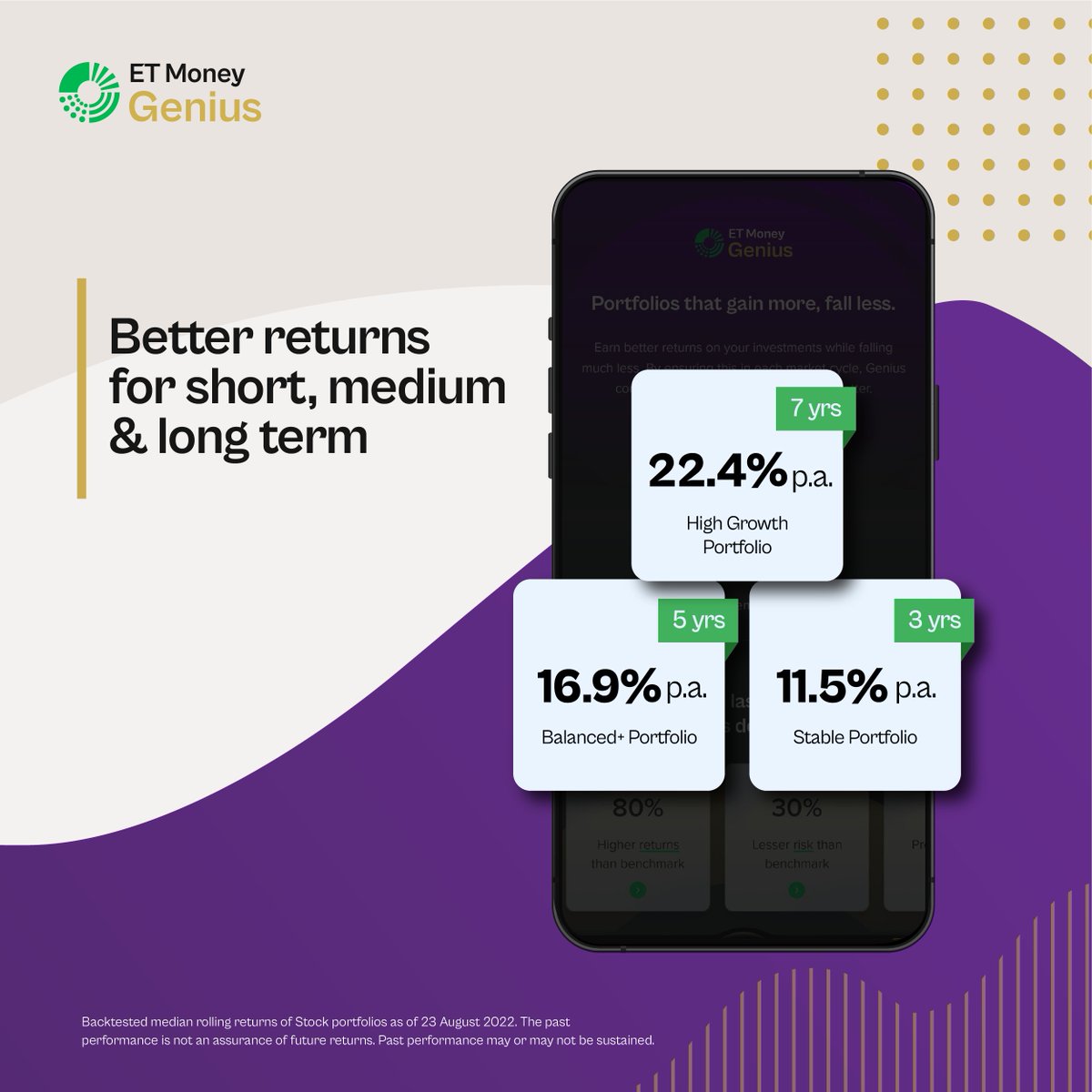 ETMONEY's tweet photo. Not 1, not 2, but 3. Yes, 3. There are 3 things that you get ONLY with ET Money Genius🙌

- Portfolios that fall less and gain more💰
- Different portfolios for different investment periods📈
- Personalized plan to reach your goals on time⏱️🎉