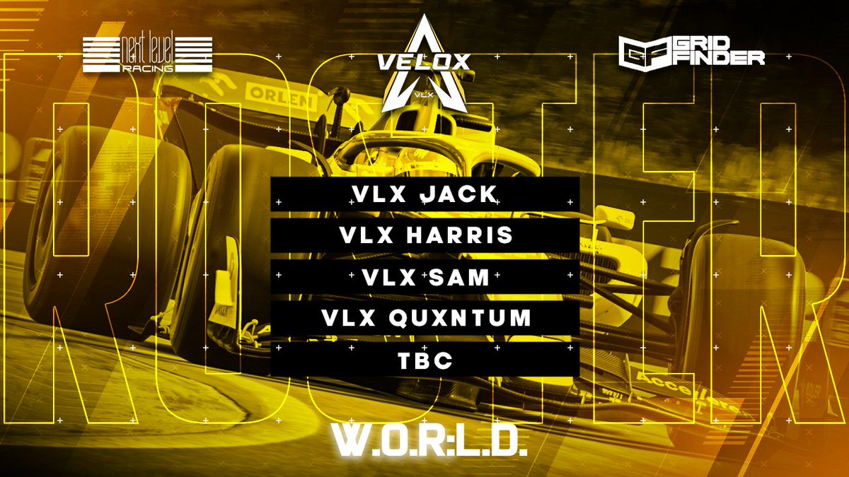 #WORLD I <a href="/VeloxF1Esports/">Velox Esports</a> Roster

🔹 @Jack_Taylor04 
🔹 @VLX_Harris
🔹 @VLX__Sam
🔹 @VLX_Quxntum

After finishing the qualifiers in seventh, VLX are the dark horses after some strong performances in T2 from some of their drivers 

#WORLDS1 I Powered by <a href="/GridFinder/">Grid Finder | Sim Racing</a> &amp; <a href="/nextlvlracing/">Next Level Racing</a>