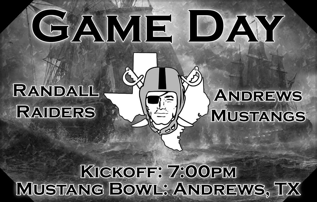 RandallFootball's tweet photo. Get up Raiders it’s Game Day!🏴‍☠️🏈

Raiders hit the road for a week one matchup against the Andrews Mustangs!

🏴‍☠️ Randall Raiders
🆚 Andrews Mustangs
📆 August 26th
⏰ Kickoff 7:00pm
🏟 Mustang Bowl
📍Andrews, Tx

#WarReady #ForTheShield https://t.co/6Hbf0pwvHD