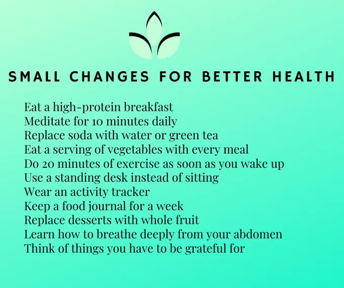 DrKristieLeong's tweet photo. Small changes can have a big impact on your health - an extra hour of sleep, another veggie on your plate, 10 min of exercise, &amp; 20 min outdoors. Don't try to take on too much! Take small steps. They'll still get you there! #healthylifestyle #healthyliving https://t.co/QLAbvk0pzU