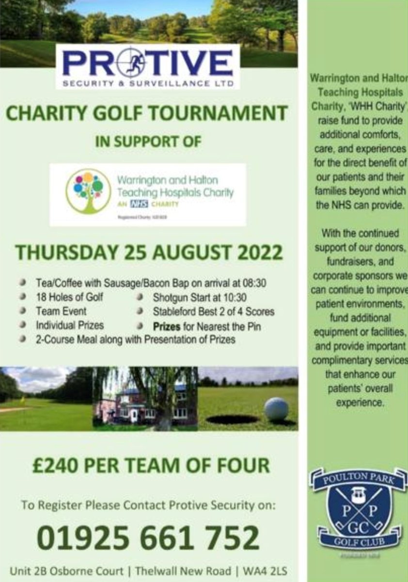 ProtiveSecurity's tweet photo. Yesterday, Protive Security hosted a Charity Golf Tournament at Poulton Park Golf Club for Warrington & Halton Teaching Hospital. Thank you for everyone that taken Part & donated, a fun filled day for a heart-warming cause #Protive #Security #Fundraise #Charity #Warrington https://t.co/E4ofj15z2Q