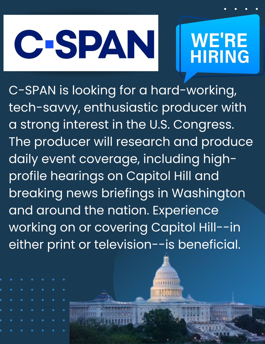 CSPANJOBS's tweet photo. Click the link to apply!
https://t.co/TTdMOluqxQ https://t.co/nQ5QMGElNU