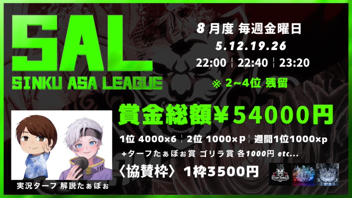 turf_channel's tweet photo. 【荒野行動】8月度 "SAL"《Day4最終戦》実況!!

▽配信はこちら
https://t.co/6As1DHKuG1

8/26 22:00~ SAL最終戦
上位3チームの差はわずか8pt!!
大混戦を制するのは!?

お題『マネージャーにひと言』
配信中に引リツ読むかも👀

実況 : ターフ
解説 : たぁぼぉ

#リーグ戦 #SAL #ターフの実況 https://t.co/6QCbomTbSQ