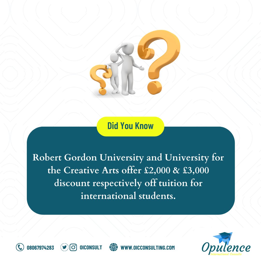 oiconsult's tweet image. Did you know that Robert Gordon University and University for the Creative Arts offers £2,000 &amp;amp; £3,000 discount respectively off tuition for international students?

Let's help you process your application

Please send us a DM
Call us: +234 806 797 4283
oicconsulting.com