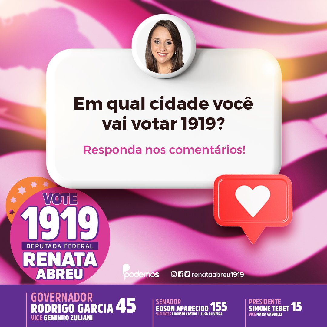RenataAbreu2020's tweet photo. Bora conversar? ☺ Conta pra mim: de qual cidade você acompanha meu trabalho e onde vai votar 1919 Renata Abreu deputada federal? ❤
#RenataAbreu1919 #DeputadaFederal #ElaMeRepresenta #Vote1919 https://t.co/mntc5eW9h3