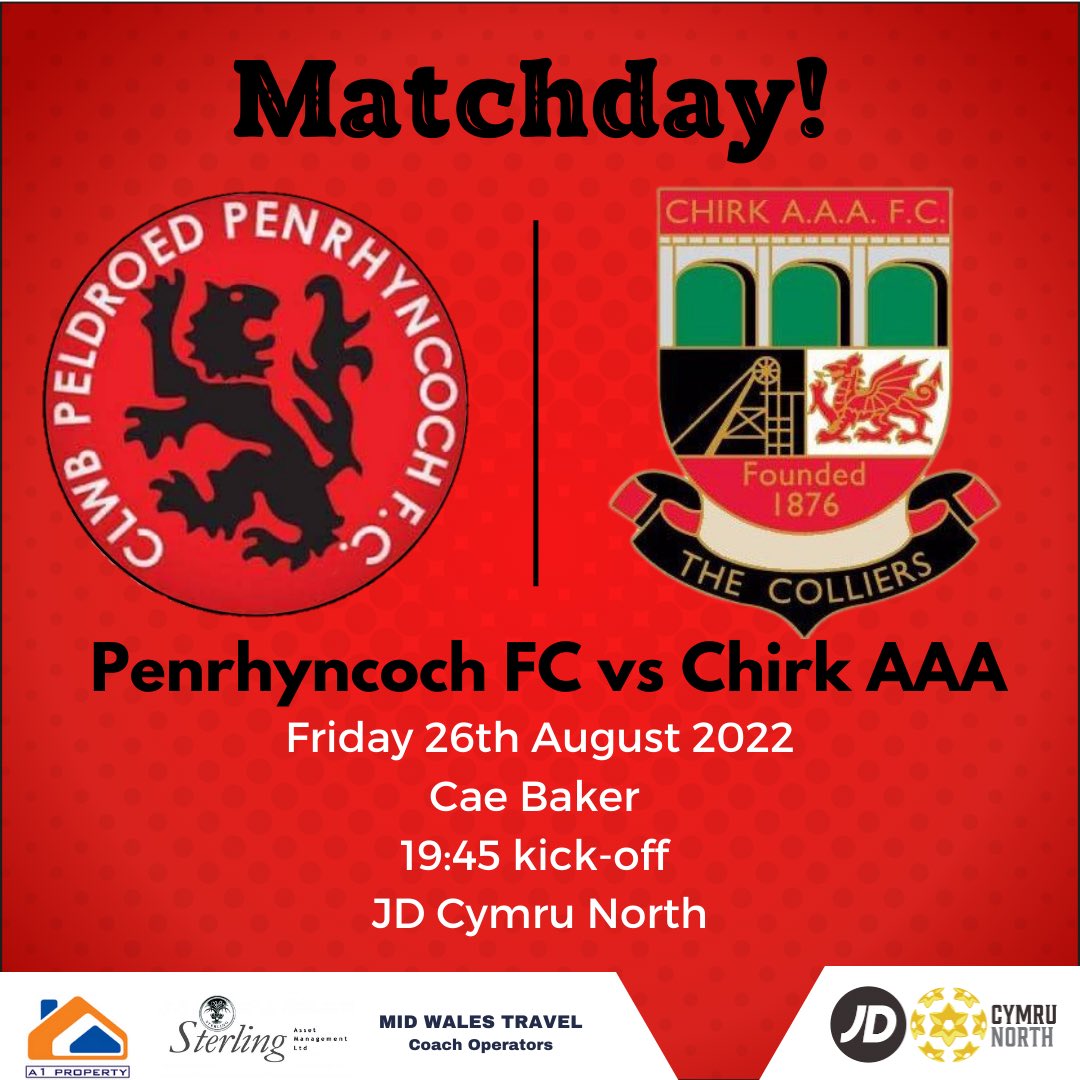PenrhyncochFC's tweet photo. 𝗜𝘁’𝘀 𝗠𝗮𝘁𝗰𝗵𝗱𝗮𝘆!

This evening we welcome @CHIRKAAAFC to Cae Baker for our fourth league game of the season! 💪

#Roosters 🔴⚫️ https://t.co/pRIHIngufN