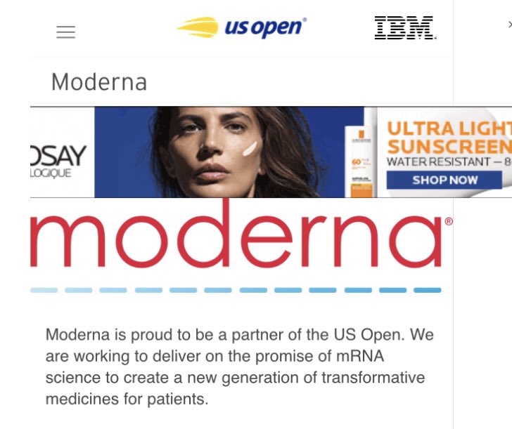 JamesMelville's tweet photo. Moderna is an official partner of the US Open. Absolutely nothing to see here whatsoever. https://t.co/IJXuis6G7E