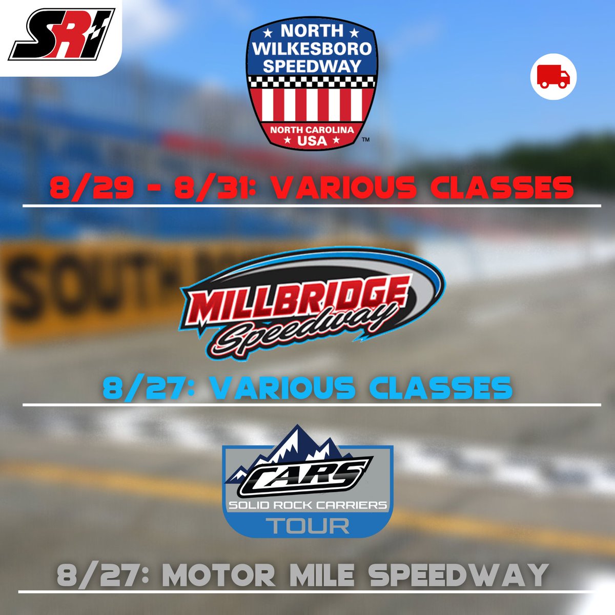 SRIPerformance's tweet photo. π£ Weekend Race Schedule!
Tracks with an SRI parts trailer this weekend are marked with the truck π icon.
#circletrack #modifieds #nascarroots #carstour #northwilkesboro #millbridge https://t.co/qXpFm4kDji