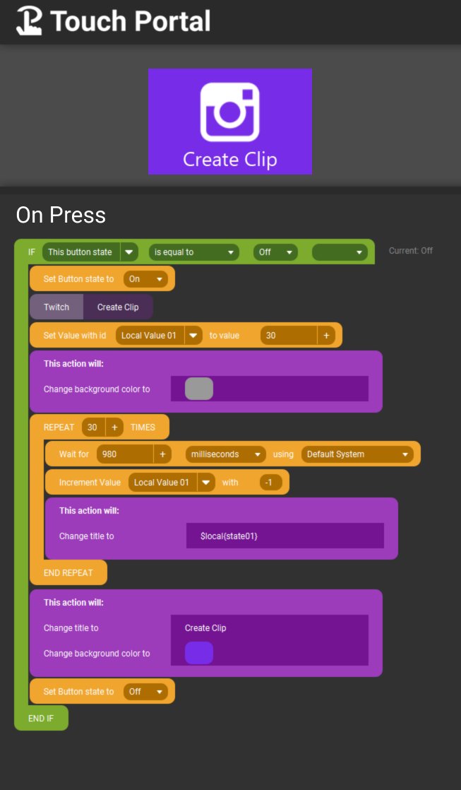 Reinier_TP_Dev's tweet photo. A @Touch_Portal community user asked us how to create a button that would create a clip in #twitch and would count down visually on the #tpbutton from 30 to 0 and would disable the button during that time and when it finishes it should be enabled again. Tadaaa! ๐๐ค#streamers https://t.co/qZ0Nwf6JEc