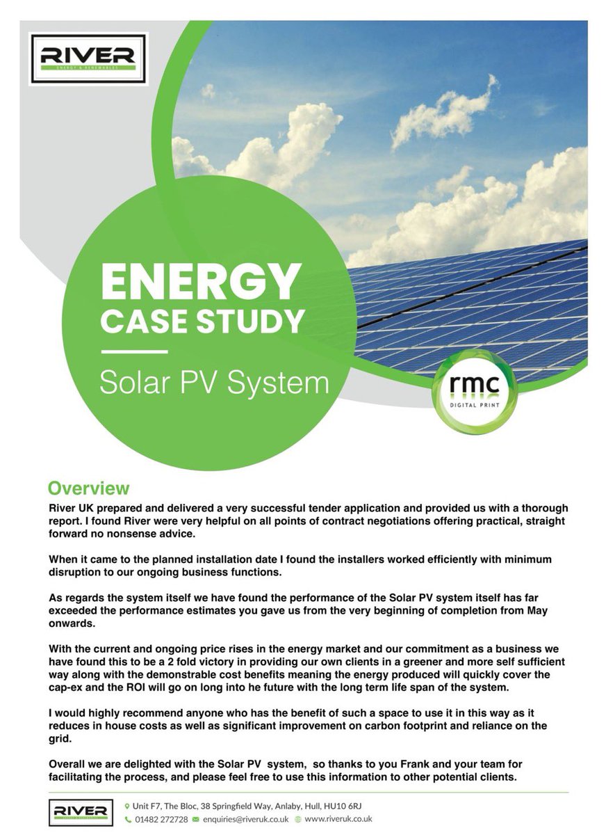 We recently completed a successful Solar PV System installation for <a href="/RMCDigitalPrint/">RMC Digital Print</a> who are specialists in Signage and Set Design.

Our mission was to ensure we save them on in house costs, reliance on the grid and significantly improve their carbon footprint. 

#gogreenriver