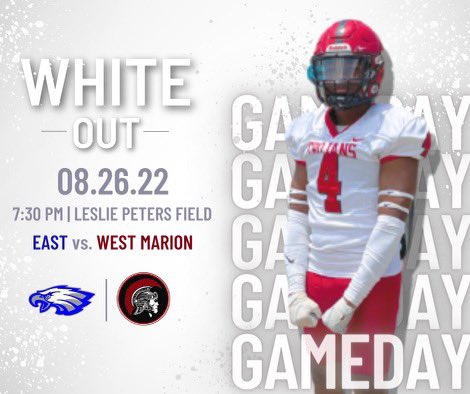 WestMarionFb's tweet photo. West vs. East. Battle for Marion County. Be there and be loud! #AllGasNoBrakes https://t.co/ijtFoomYHO