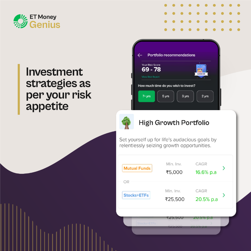 ETMONEY's tweet photo. Not 1, not 2, but 3. Yes, 3. There are 3 things that you get ONLY with ET Money Genius🙌

- Portfolios that fall less and gain more💰
- Different portfolios for different investment periods📈
- Personalized plan to reach your goals on time⏱️🎉