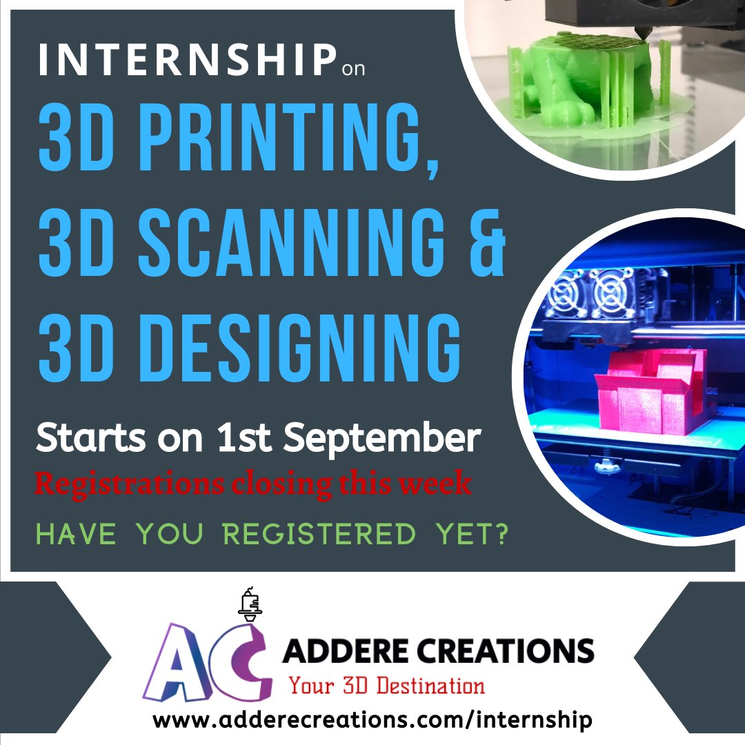 AddereCreations's tweet photo. Have you registered yet, for the Internship on 3D Printing, 3D Scanning and 3D Designing at Addere Creations?
Starts on September 1st.
Registrations closing this week!
Visit:
https://t.co/vnOuBLbN7c
#Interns #Internship #InternshipProgram #MechInternship https://t.co/GMDo9B3dIG