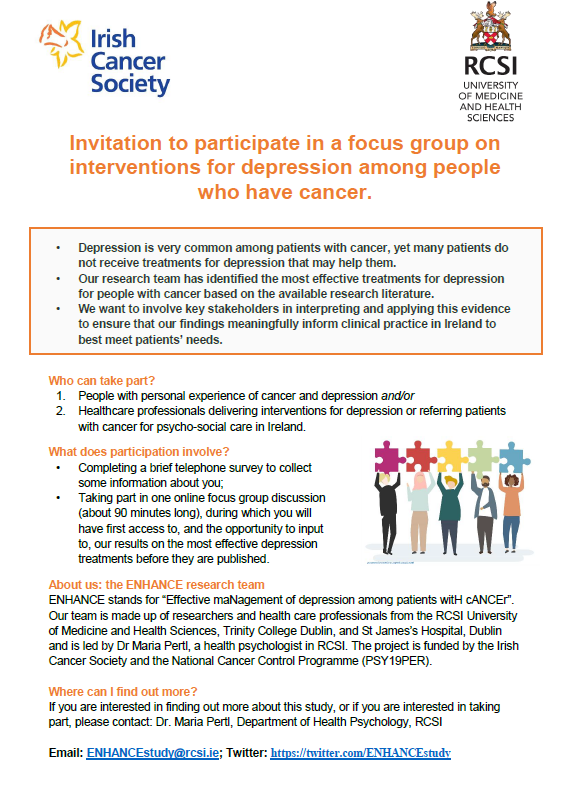 ENHANCEstudy's tweet photo. Would you like to share your views on treatments for depression for patients with cancer? We're recruiting patients & healthcare professionals for online focus groups to discuss the best treatments. DM @ENHANCEstudy /email ENHANCEstudy@rcsi.ie @IrishCancerSoc @hseNCCP @RCSI_Irl https://t.co/Ujyzf38mLd