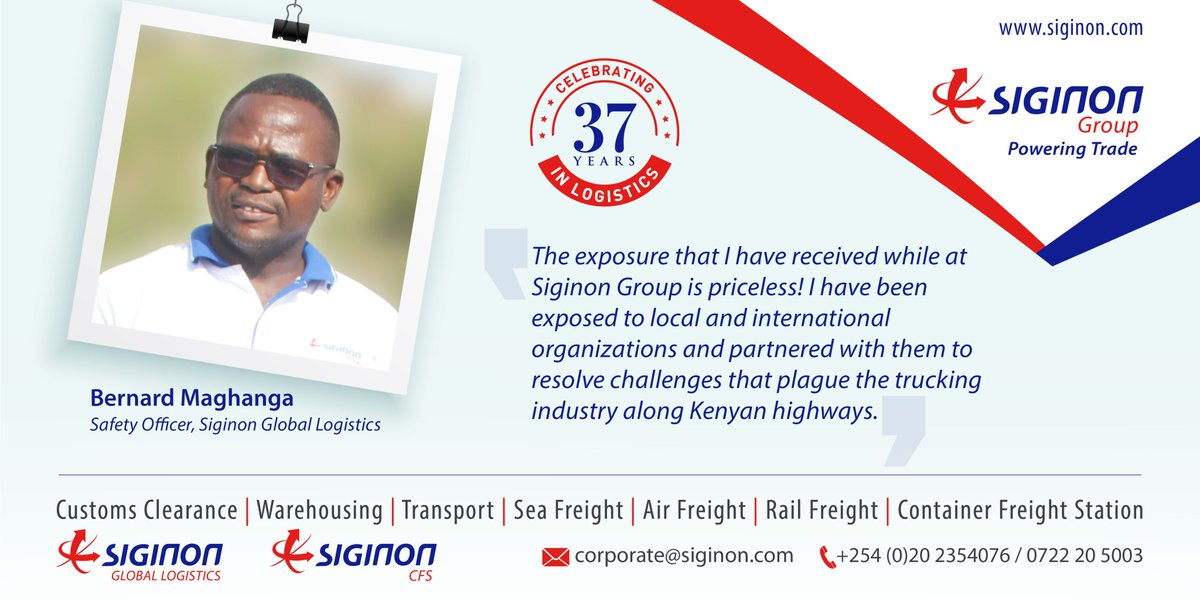 SiginonG's tweet photo. @SiginonG is celebrating #37yearsinlogistics. This milestone is best understood through the eyes of our team who have walked this journey and contributed to the achievement of every goal we have made.

Bernard Maghanga, a Safety Officer shares this reflection:

#PoweringTrade https://t.co/DLjyqCZvUc