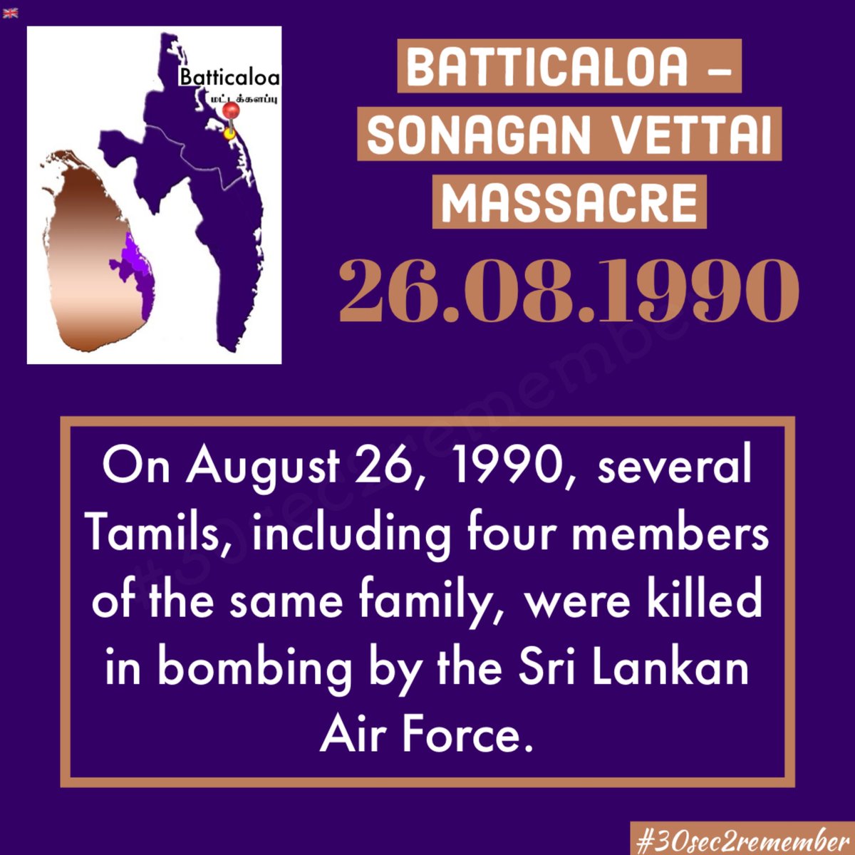 26.08.1990 Several #Tamils, including four members of the same #family, were #killed in #bombing of the #Srilankan #Airforce in Sonagan Vettai, #Batticaloa #30sec2remember #EelamTamilGenocide #Genocide