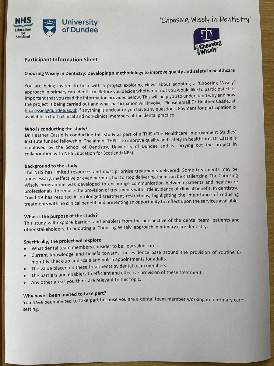 HeatherCassie77's tweet image. Looking for #PrimaryCare #dentists working in Scotland to take part in a short Teams interview about adopting a #ChoosingWisely approach in dentistry. Guild rate payment available.  Conducted in collaboration with @dundeeuni @NesDental @DundeeDental 

Please RT

👇for more info