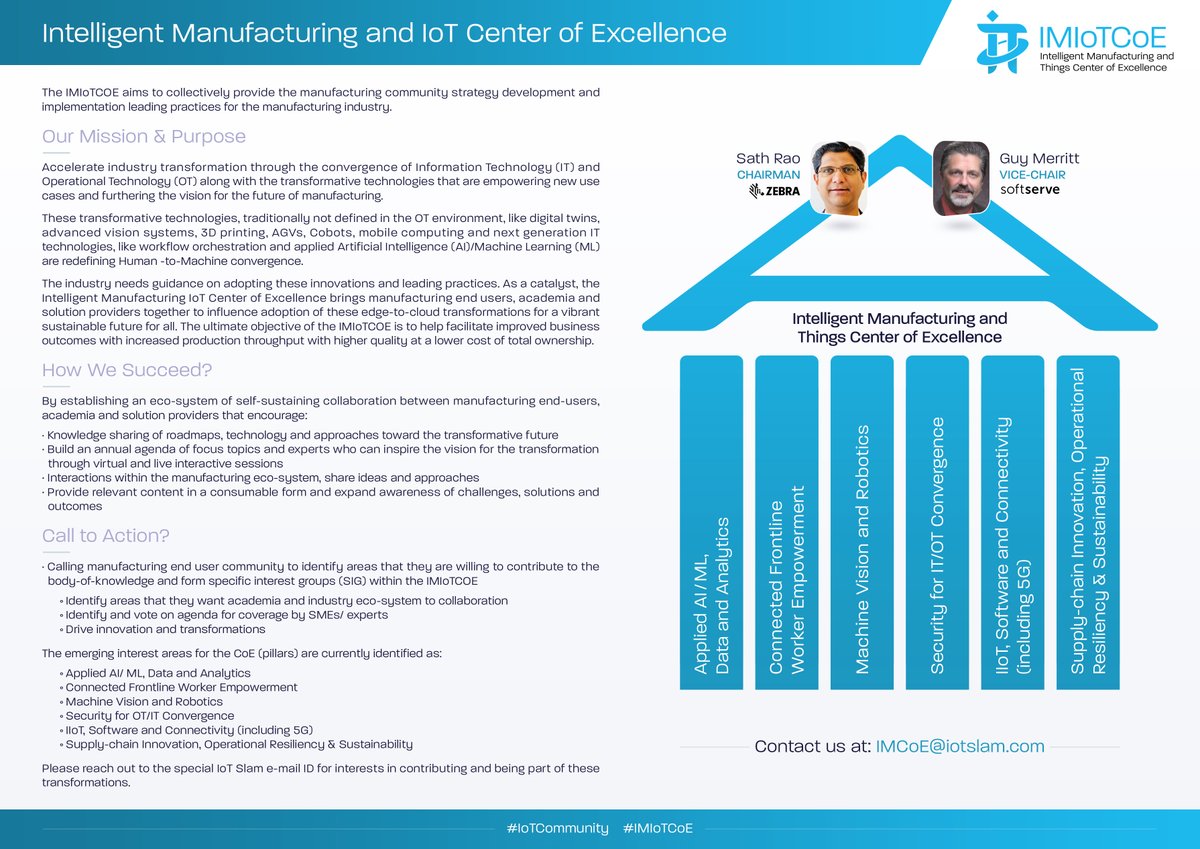 Announcing the Intelligent Manufacturing Center of Excellence How can we help the industry accelerate its journey to 4.0 by focusing on the convergence of the OT/IT, @SathRao @ZebraTechnology, and Guy Merritt @SoftServeInc #IoTCommunity #IoTSlam #IoTPL #IoTCL #IoT #IMIoTCoE