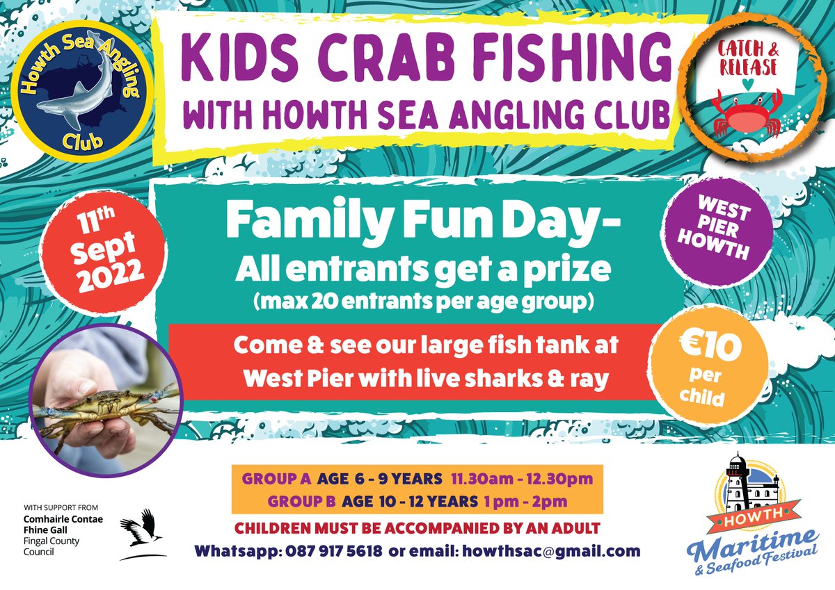 HowthMaritime's tweet image. Go Kids Crab Fishing at Howth Maritime &amp;amp; Seafood Festival!🦀
Registration fee is €10 which includes a fishing net, bucket and bait &amp;amp; kids can keep the kits afterwards. There will also be a small prize for each child on the day🏆 
To register email HowthSAC@gmail.com.