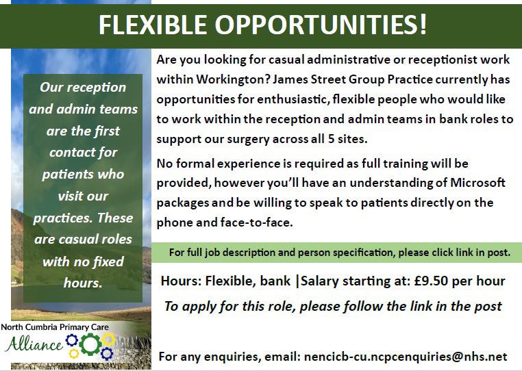 NCPCAlliance's tweet photo. If you’re looking for flexible administrative work in West Cumbria, we may have an opportunity to suit you! 

We are currently hiring casual/bank receptionists and administrators to work within James Street Group Practice - Workington. 

To apply: https://t.co/MpzgJydp58 https://t.co/NjTfxvQQpw