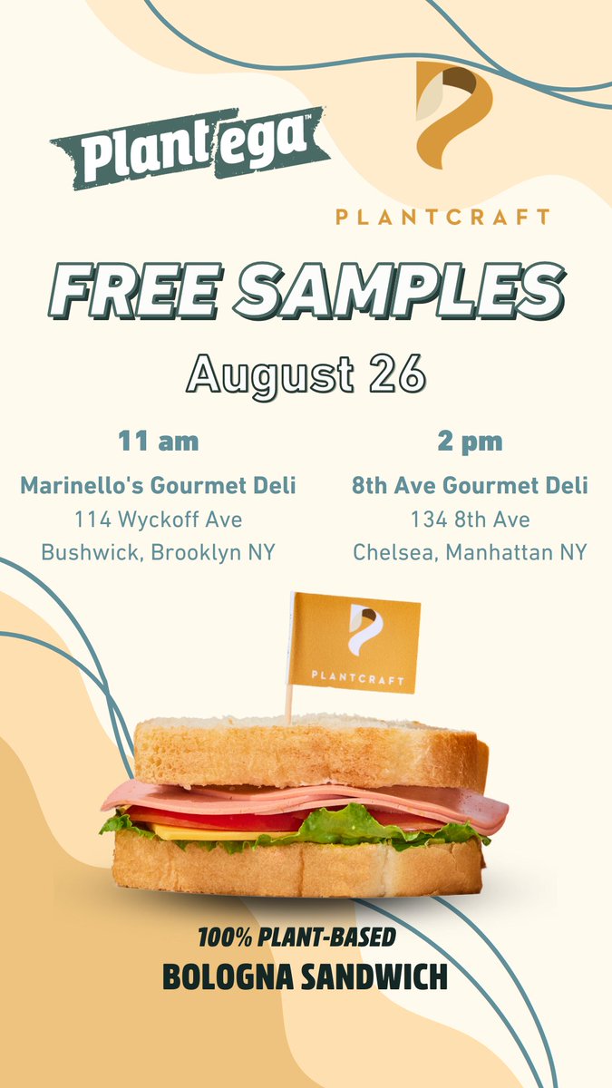 Today is the day to grab a sample of our Bologna Sandwich made with Plantcraft Bologna! We'll be at Marinello's Gourmet Deli, 114 Wyckoff Ave Bushwick at 11am, & 8th Ave Gourmet Deli, 134 8th Ave Chelsea at 2pm! #eatplantega #nycvegan #bodega #plantbased #foodie #vegandelimeat