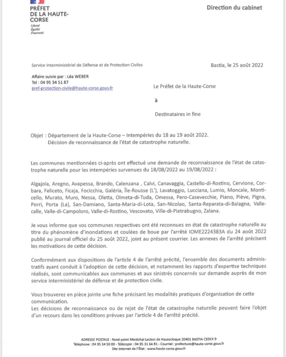 Vescovato20215's tweet photo. [ communiqué Municipalité de Vescovato]
👉voici l’arrêté officiel de reconnaissance de décision de l’état de catastrophe naturelle de la commune de Vescovato par le Préfet de la Haute-Corse 
@Prefet2B @Vescovato20215 https://t.co/65nn7LQpAl