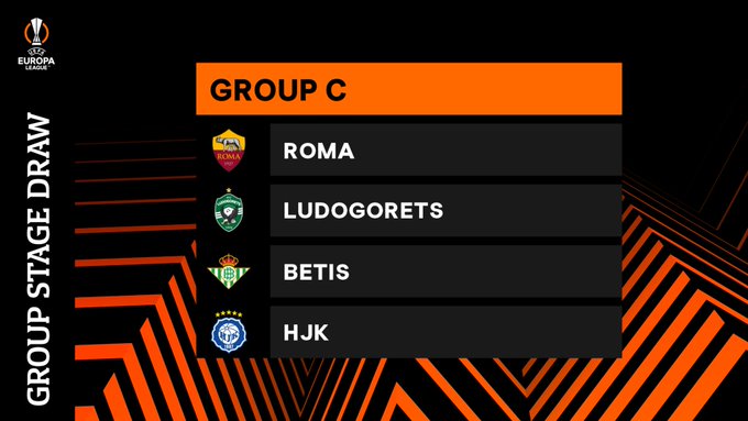 Group Stage Draw - Group C - AS ROMA 🇮🇹, FK Ludogorets 🇧🇬, Real Betis 🇪🇸; HJK Helsinki 🇫🇮 [image by @EuropaLeague / Twitter]