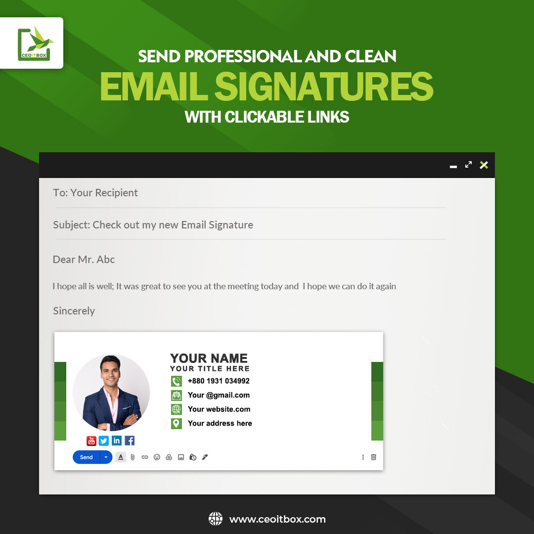 ceoitbox's tweet photo. Use clickable links in your email signatures to make your emails look professional.

#emailmarketingtips #signature #emailspam #realtorsignature #emailtemplate #businessprofiledesign #gmail #techtips #technology #business #tech #entrepreneur #success #key #techguru https://t.co/RawfE7FoDD