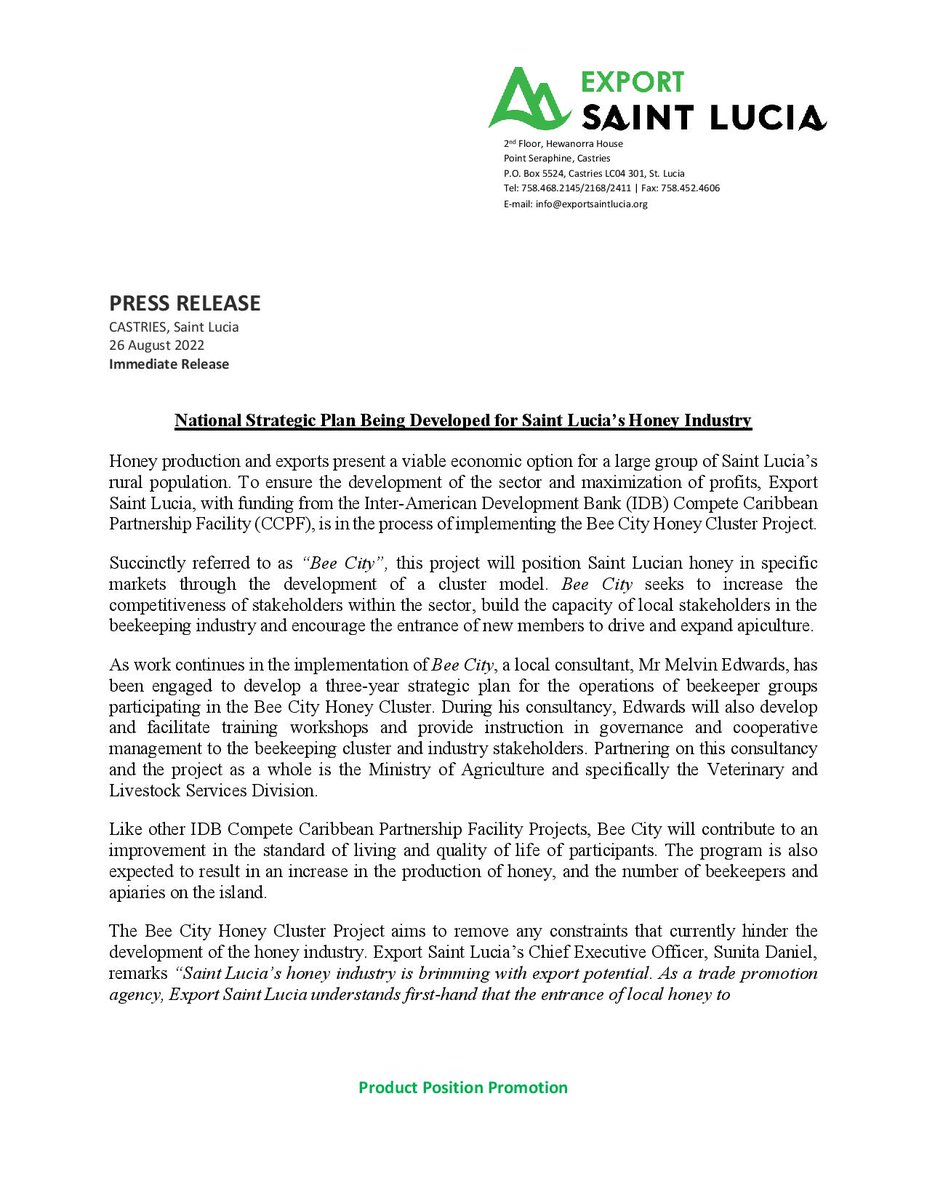 ExportStLucia's tweet photo. A national strategic plan is currently being developed for Saint Lucia's honey industry 🍯.
Read the attached press release to find out more.
#exportsaintlucia #honey #capacitydevelopment #competecaribbean #tradedevelopment https://t.co/TTKkIGPJHY
