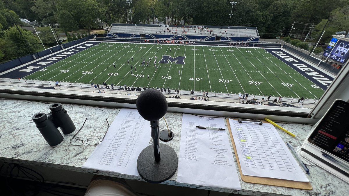 TMayerTV's tweet photo. Great to be back in the #PAbooth for another #football season at @MariettaCitySch as @MHSFBFAMILY freshmen hosts @NorthCobbHSFB #MHSBlueDevils won a come from behind victory 34-30 @MariettaGAhs #PAannouncer #PAGameDay https://t.co/MkA8CqwdkP