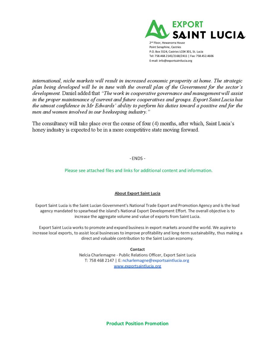 ExportStLucia's tweet photo. A national strategic plan is currently being developed for Saint Lucia's honey industry 🍯.
Read the attached press release to find out more.
#exportsaintlucia #honey #capacitydevelopment #competecaribbean #tradedevelopment https://t.co/TTKkIGPJHY